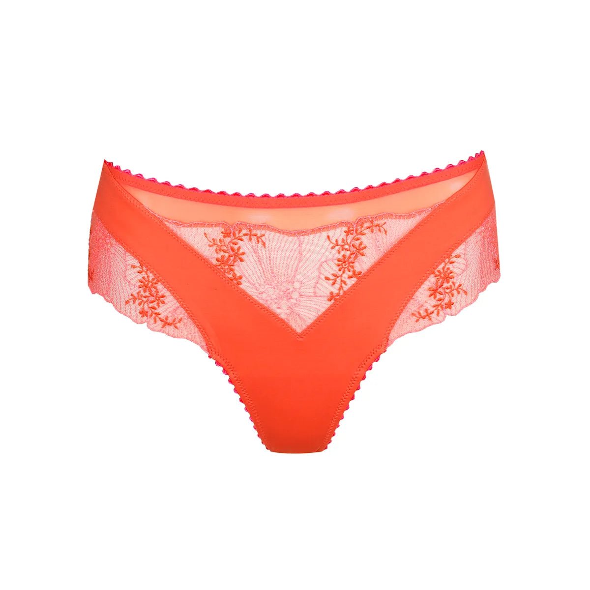 Marie Jo Solene Orange blondeunderbukser med høj talje, blomsterbroderi og bølget kant på hvid baggrund.