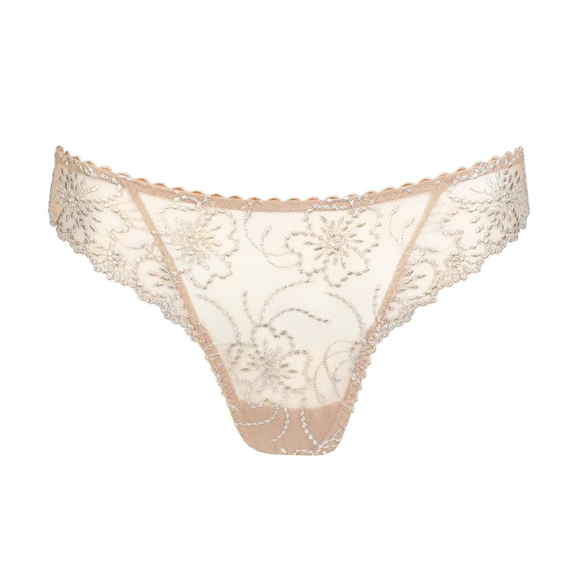 Marie Jo Jane Sand Sand-string, gennemsigtig beige blonder med blomsterbroderi, vist på hvid baggrund.