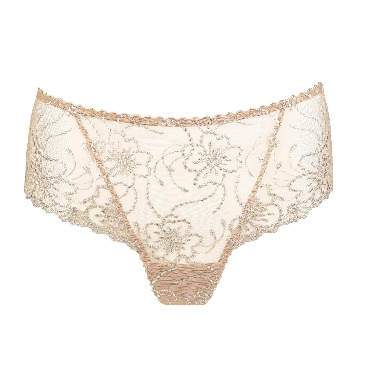 Marie Jo – Jane Sand Sand: Beige G-streng i blonder med blomsterbroderi, gennemsigtigt netstof og bølget kant.