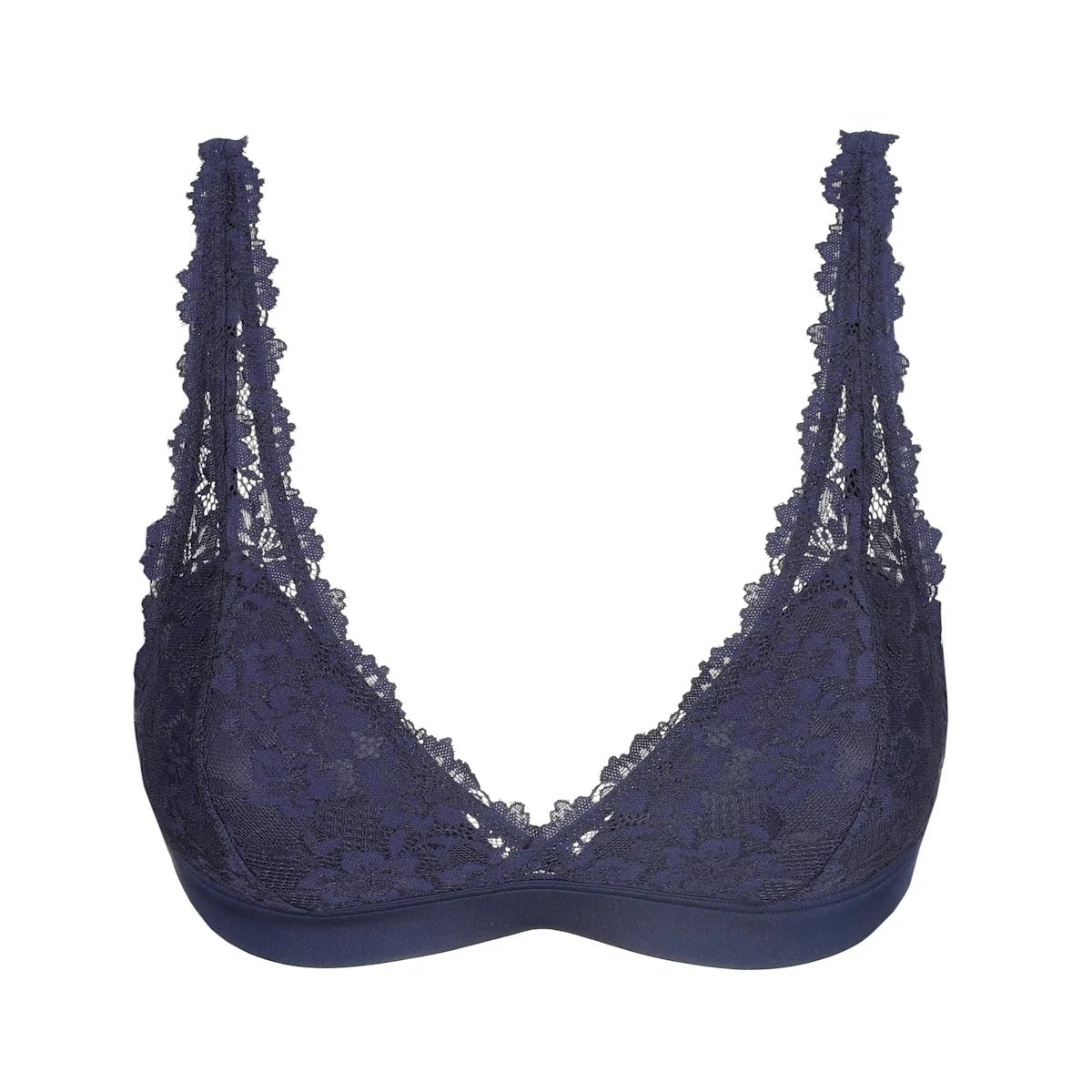 Marie Jo 155157 Soft Studio Mørkeblå: Marineblå bralette i blonder med blomstermønster og bølget kant, set forfra.