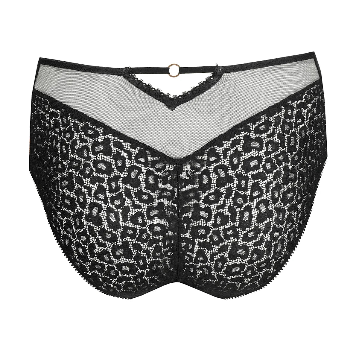 Den elegante kombination af blond og leopardmønster går igen i Marie Jo Juliane Black – en sort maxi-trusse med mesh og metal-detaljer.