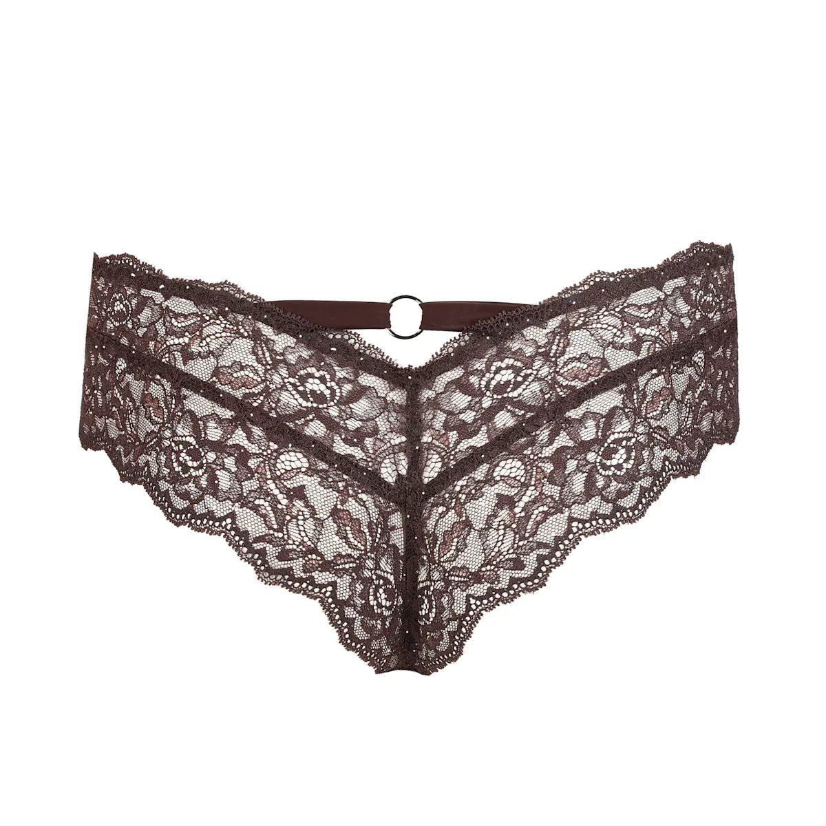 Marie Jo Musea Autumn Bloom mørkebrune trusser med gennemsigtig blonder og V-formet talje.