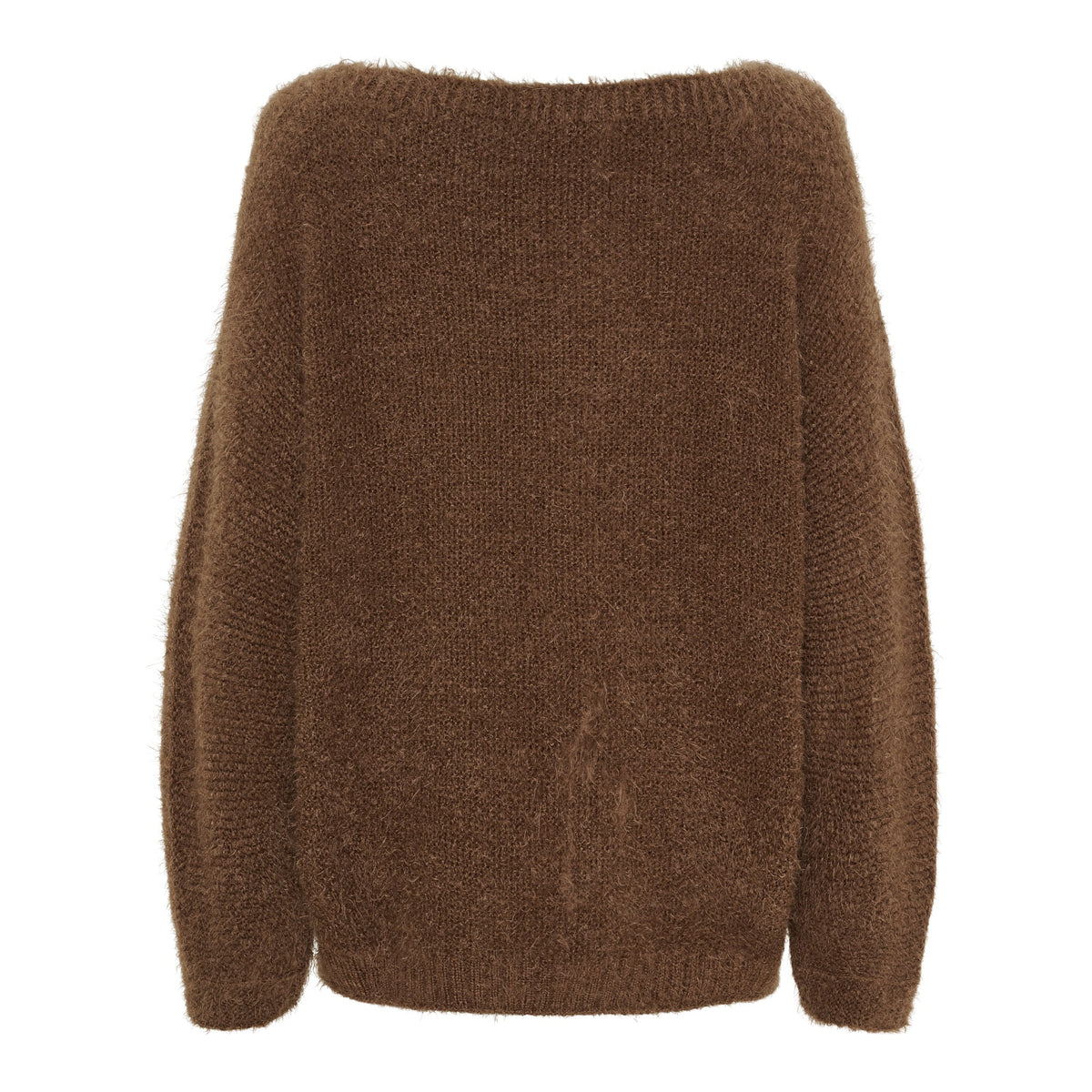 152182 | Marta du Château – Anouk Mørkebrun brun chenille-sweater med bred halsudskæring, set bagfra på hvid baggrund.