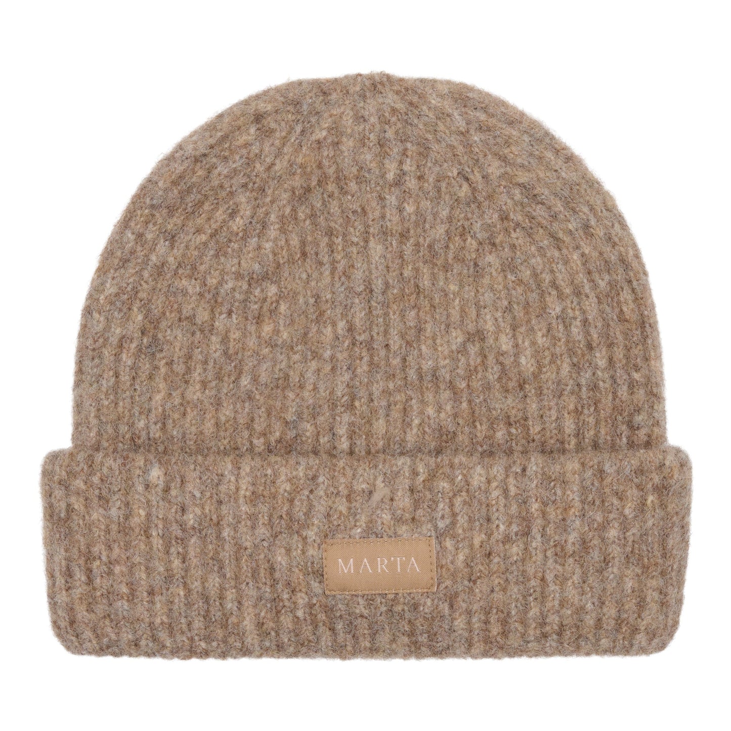 Marta du Château 152742 Rib Beanie i lysebrun, foldet kant, beige mærke, genanvendt polyester.