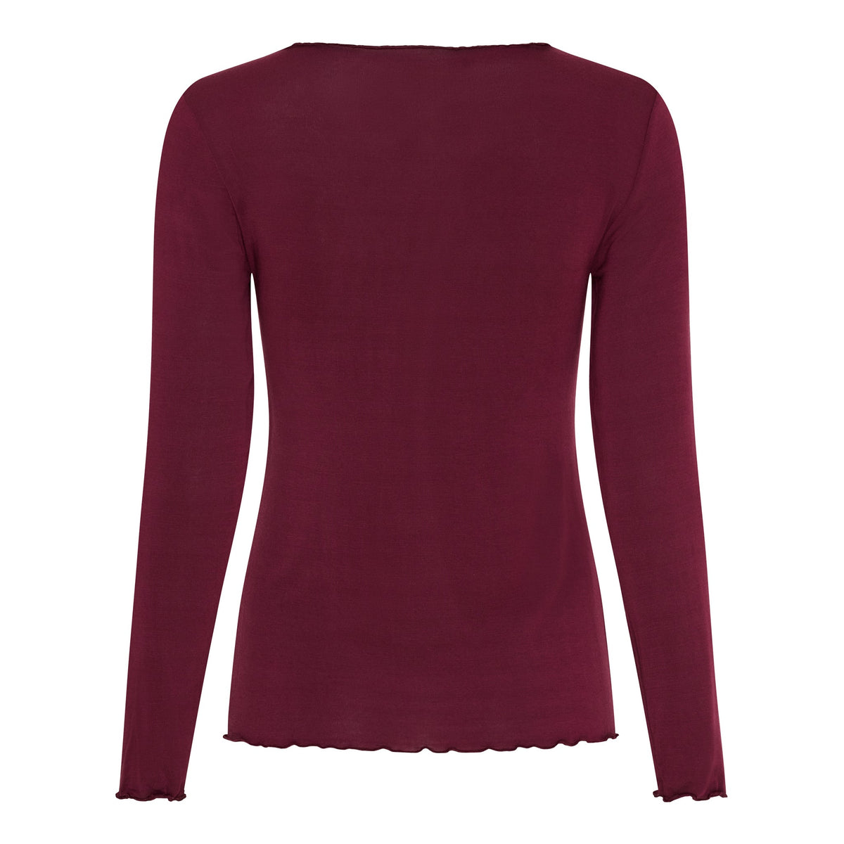 Bagsiden af 152762 Leonora Bordeaux: Marta du Château langærmet top i rødbrunt mikromodal med flæser ved nederkant og manchetter.