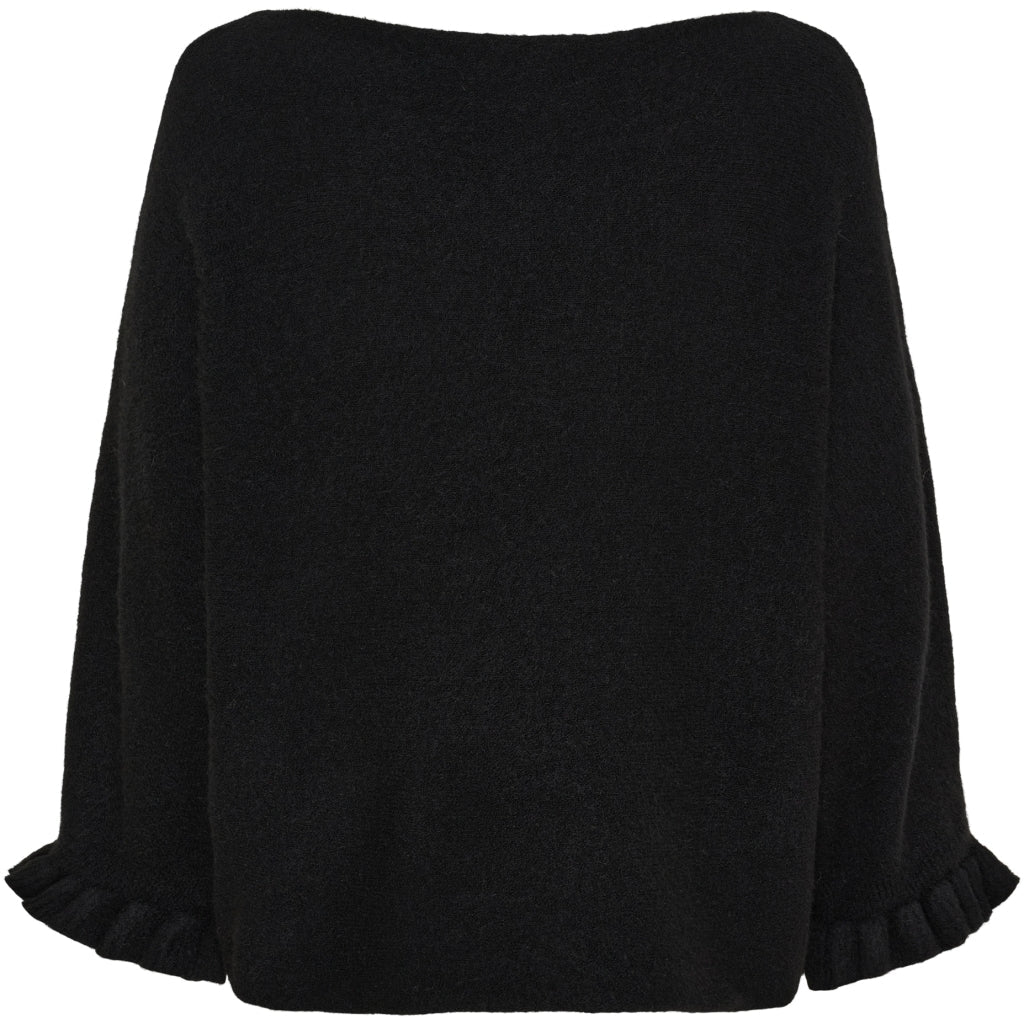 Marta du Château 153268 Edelflower Sort sweater med flagermusærmer og flæset manchetter på hvid baggrund.