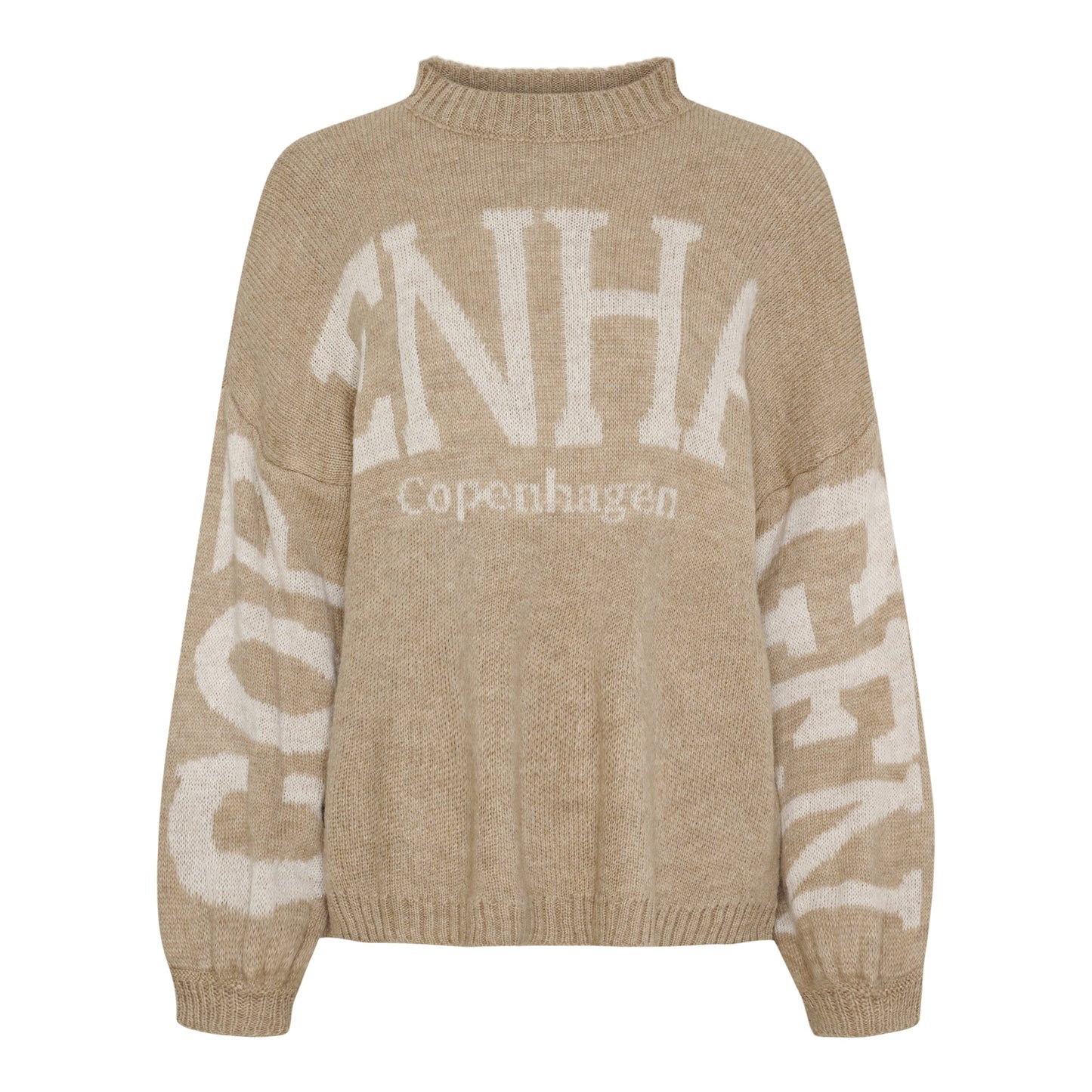 Marta du Château Aria Sand-sweater med hvid »Copenhagen«-tekst, vist på en ensfarvet baggrund.