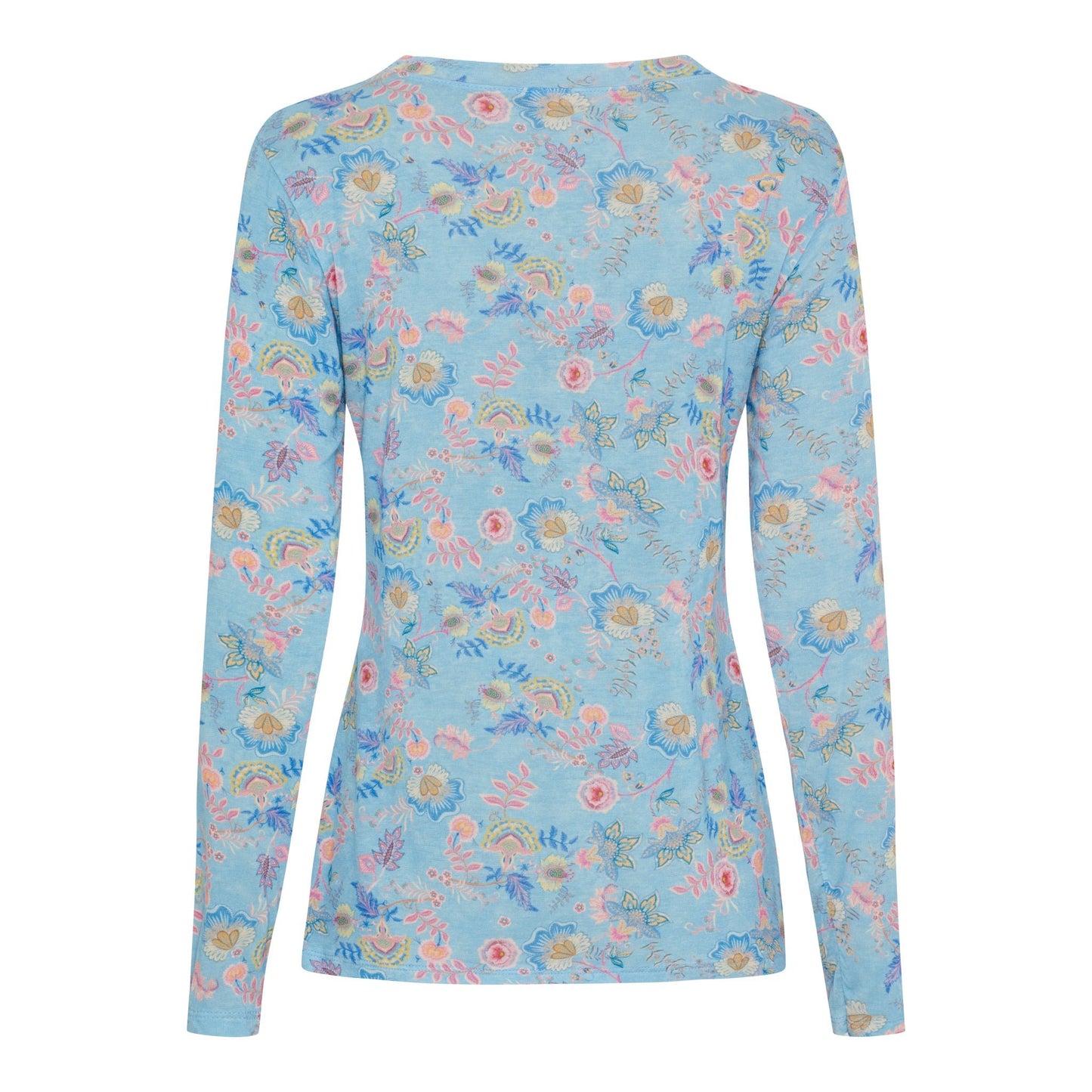 Marta du Château Elissa-bluse i lyseblå med pastelfarvet blomsterprint, set bagfra.