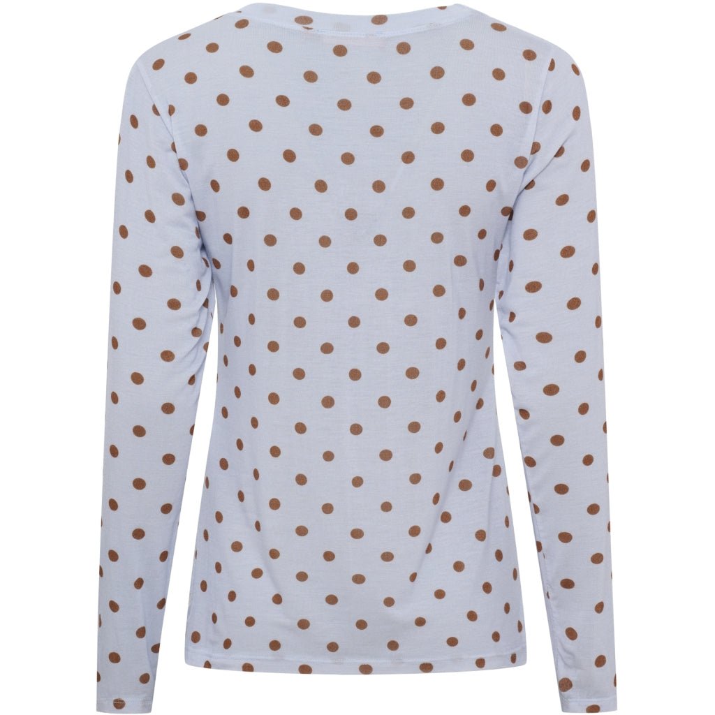Bagside af Marta du Château Elissa Lyseblå langærmet T-shirt i mesh med brunt prikket mønster.