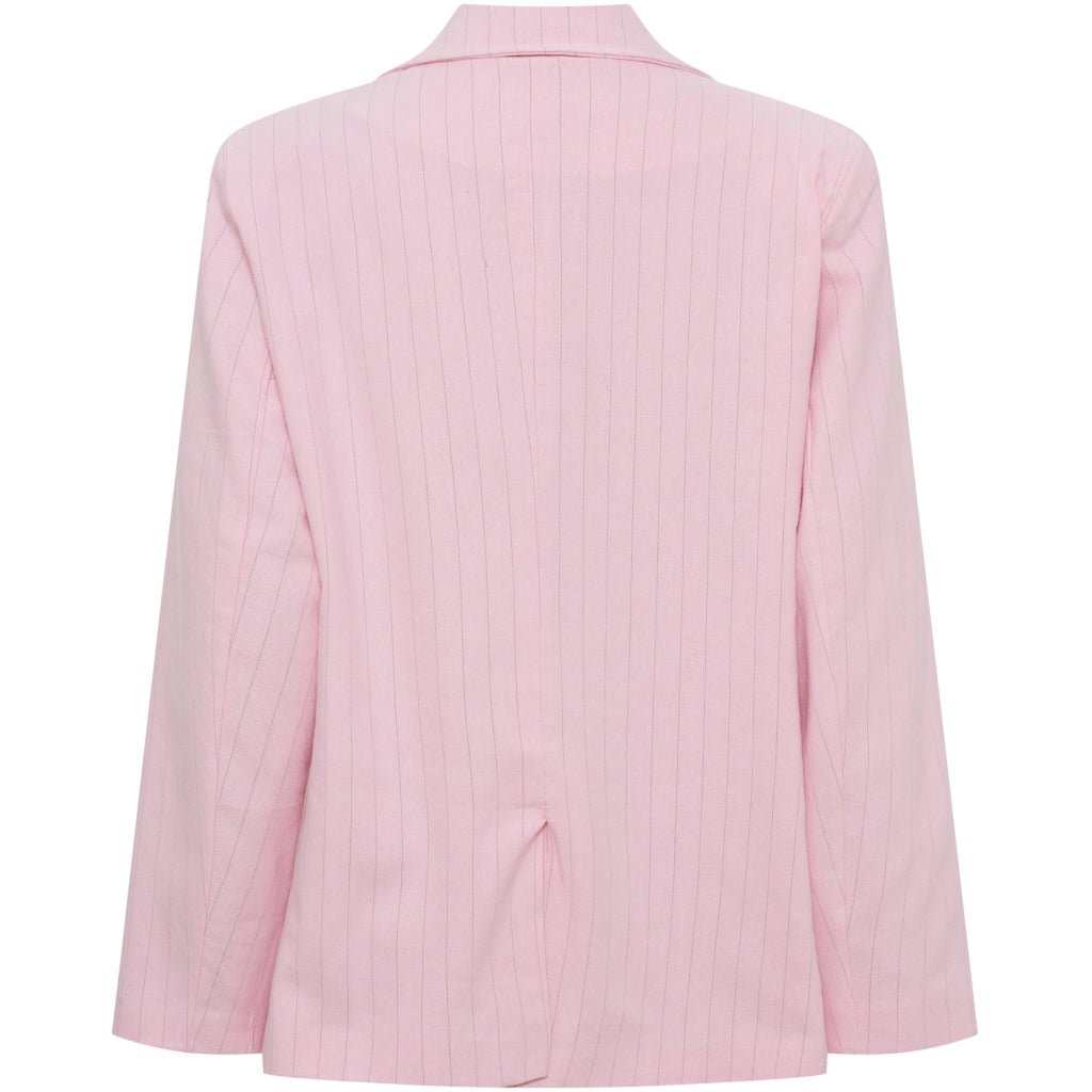 Bagfra set: Marta du Château Marissa Lyserød blazer i lyserøde striber med lange ærmer og et enkelt slids bagpå.