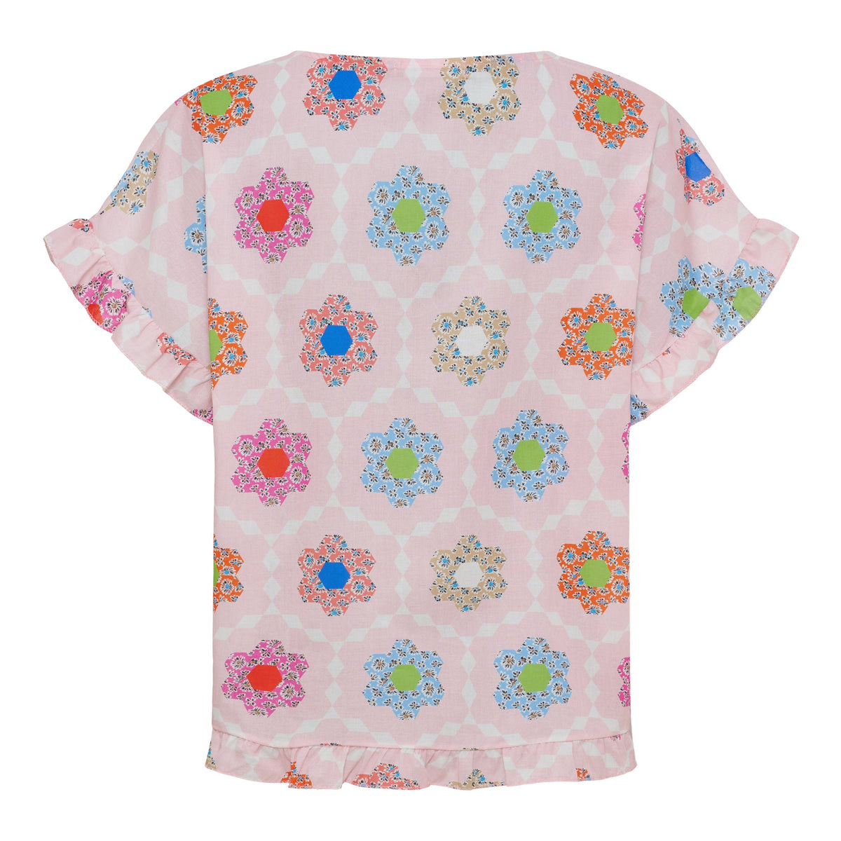 Marta du Château Kasimira Rosa-bluse med mønster, flæser og rygudskæring.