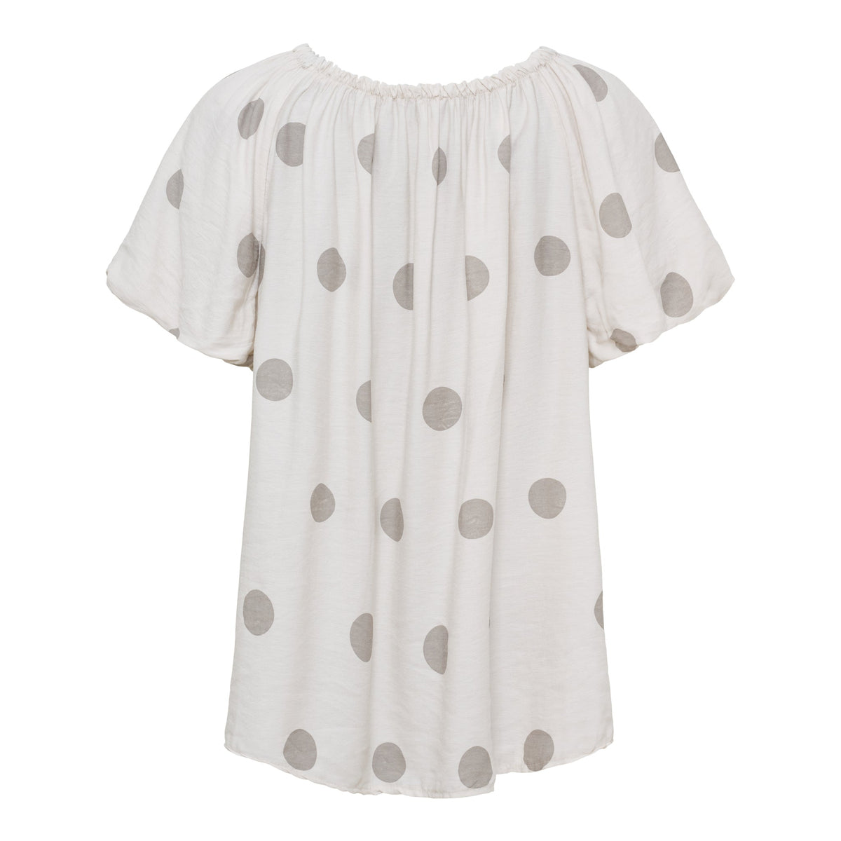 Beige Marta du Château 26136-bluse med korte ærmer og rynket halsudskæring, vist på en ensfarvet baggrund.