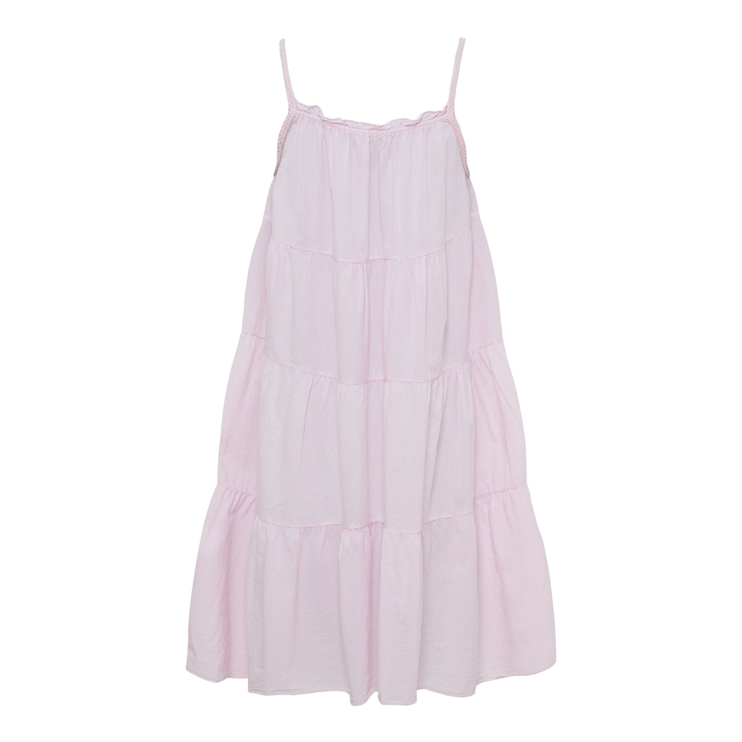 Lyserød Velina Rosa-sommerkjole fra Marta du Château med spaghettistropper og lagdelt design på hvid baggrund.