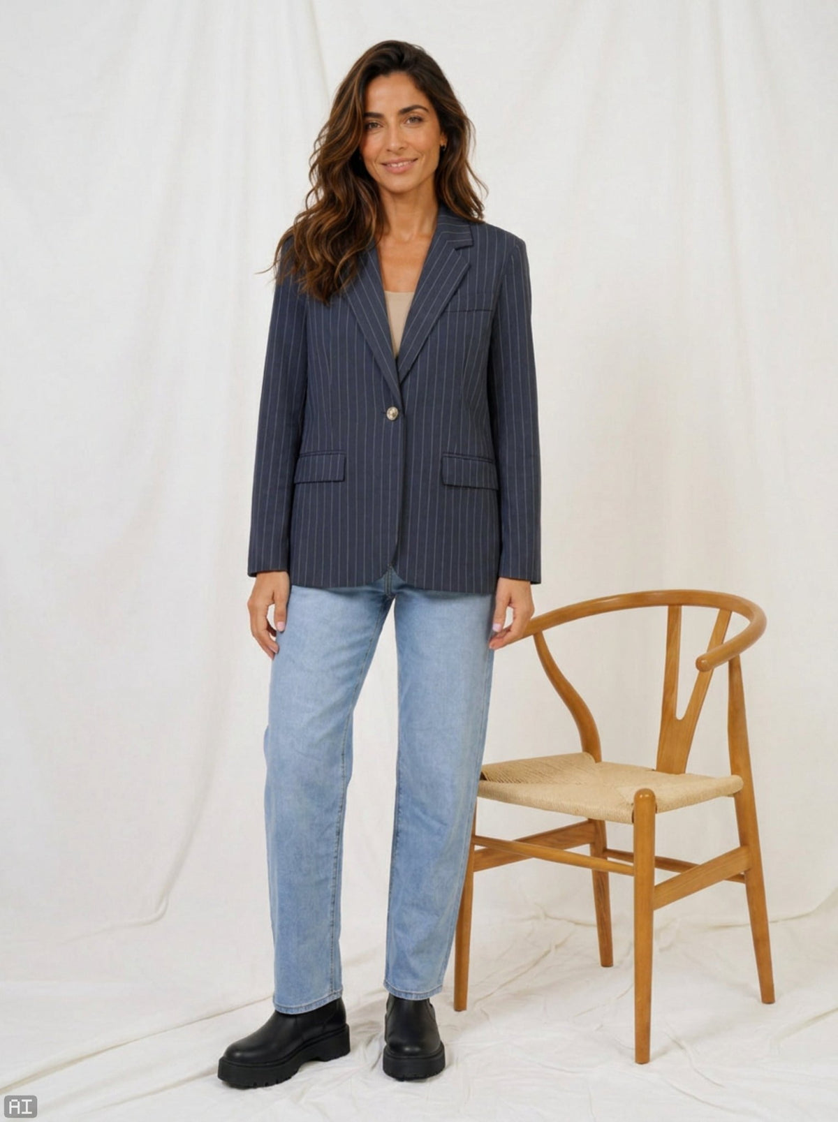 En kvinde i en Marta du Château Dusk Mørkeblå-blazer står ved siden af en stol iført lyseblå jeans og sorte sko.