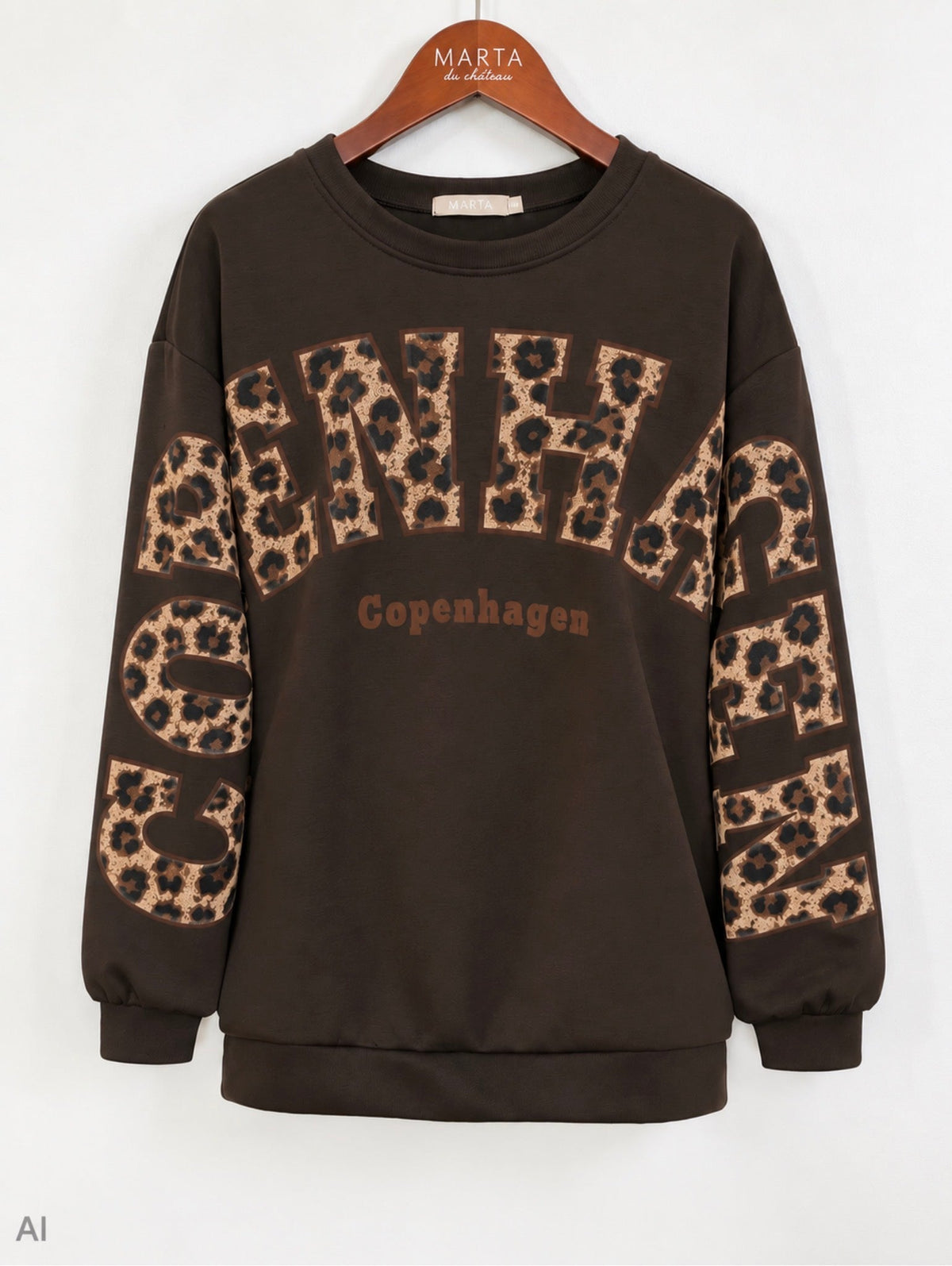 MDCSevilla Mørkebrun af Marta du Château: mørk sweatshirt med leopardmønster og markant COPENHAGEN-skrift.