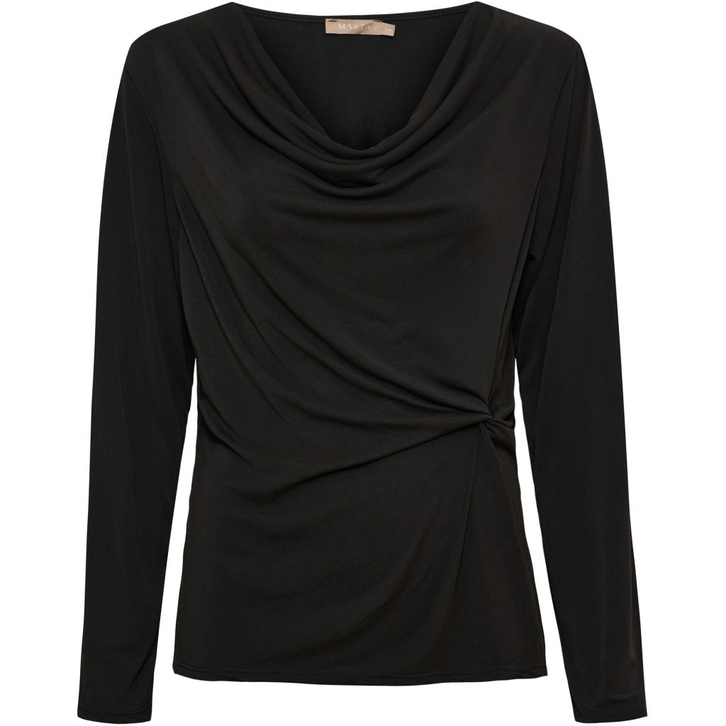 Black Marta du Château – MDCSoletta Sort langærmet bluse med cowl-udskæring og rynket detalje i siden.