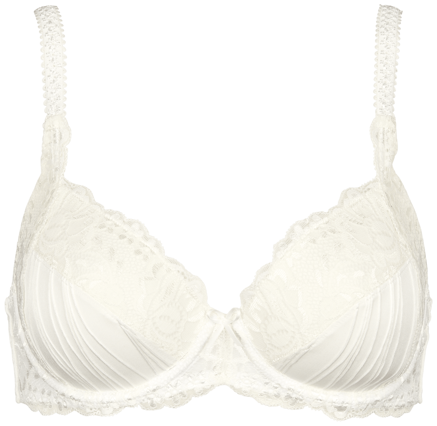 Missya Dorrit 125982: Off-white blonder-bh med blomstermønster, plisserede skåle og justerbare stropper på en ensfarvet baggrund.