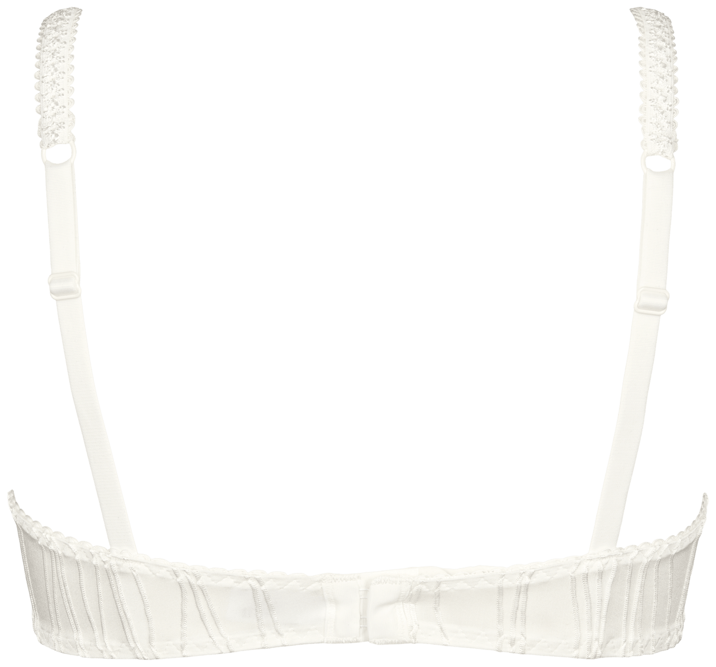 Bagfra-billede af Missya – Dorrit Off White-bh med justerbare stropper og hægte- og øjelukning på ensfarvet baggrund.