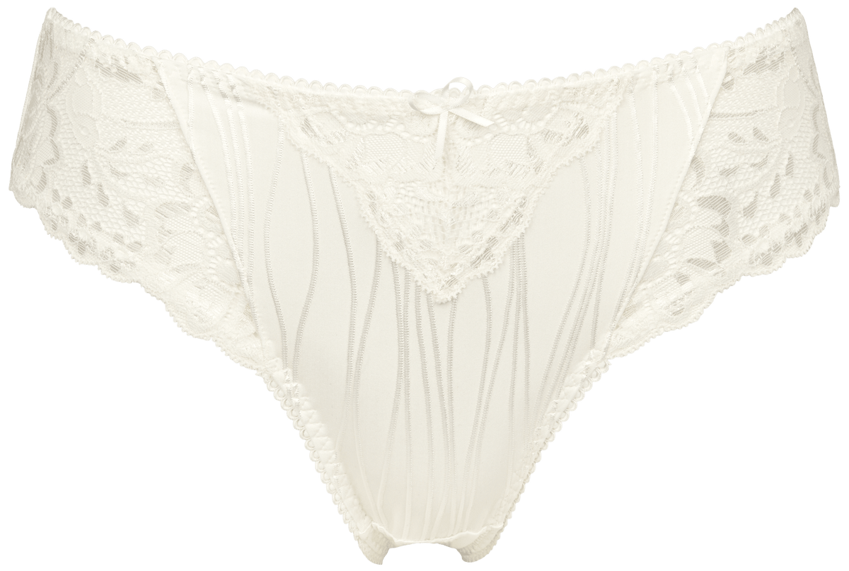 Missya Dorrit off-white trusser til kvinder med gennemsigtig blonder, blomsterdetaljer, indsatser og en sløjfe i linningen.