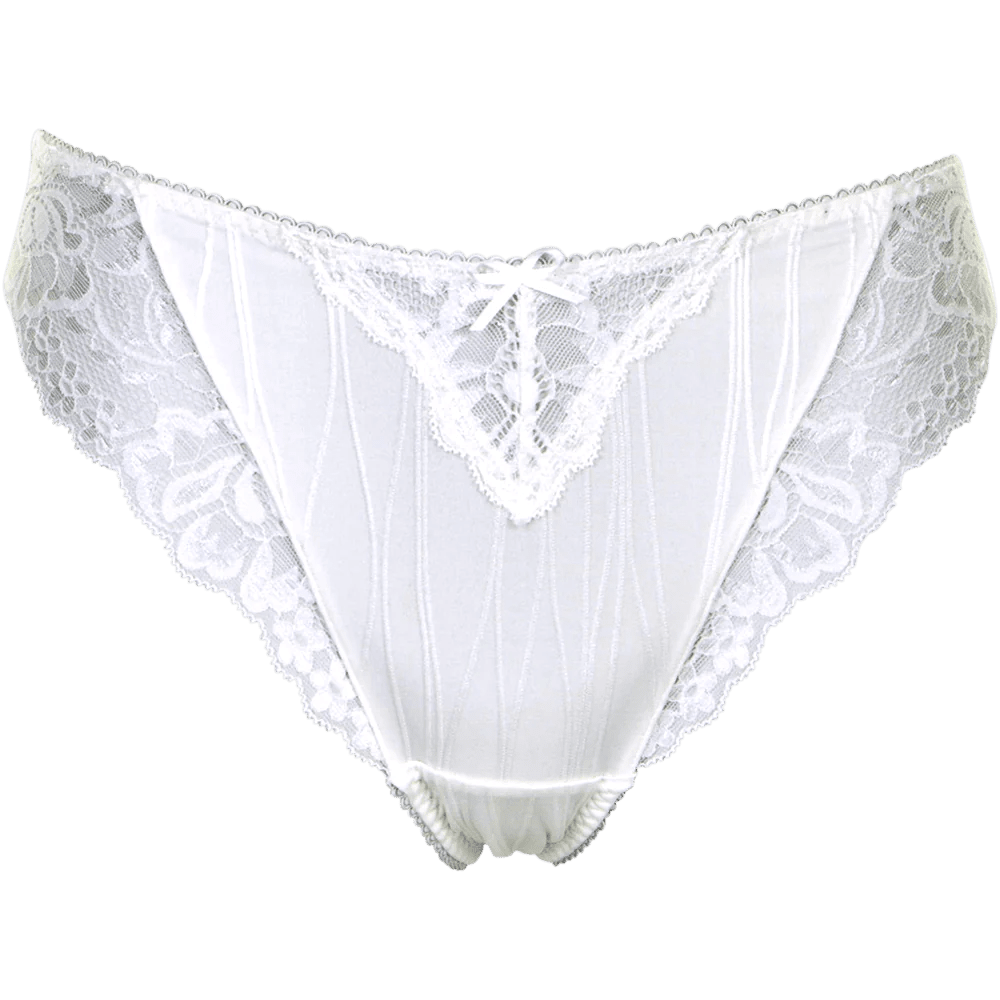 Missya Dorrit Ivory Off-white undertøj med blondekant og sløjfe, vist på en ensfarvet baggrund.