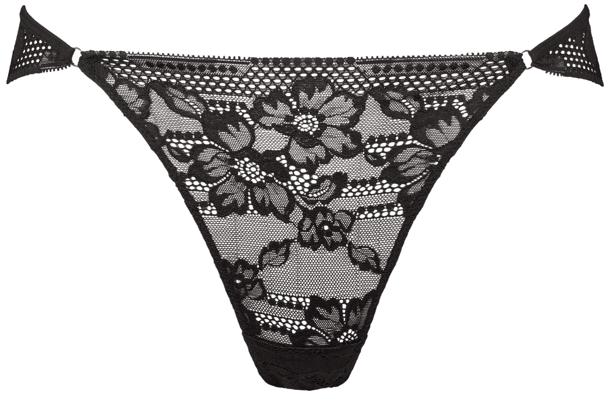 Missya Kaya Black Sort: Blonder-G-streng med blomstermønster og højt skåret, vist på en ensfarvet hvid baggrund.