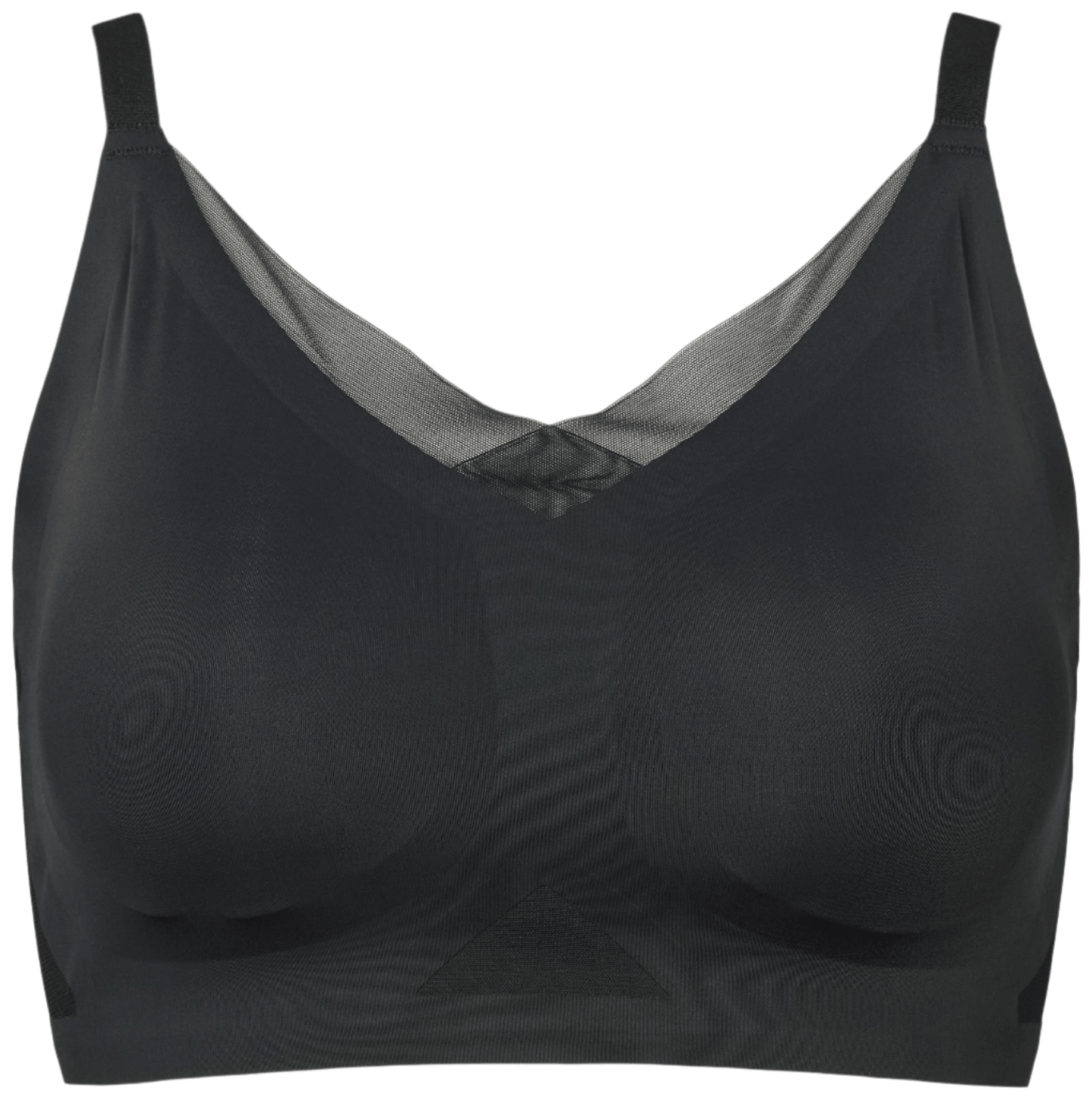 Missya Seamless Bra Plus Sort 149796 har en halsudskæring i mesh, der her vises på en hvid baggrund for at give et moderne look.