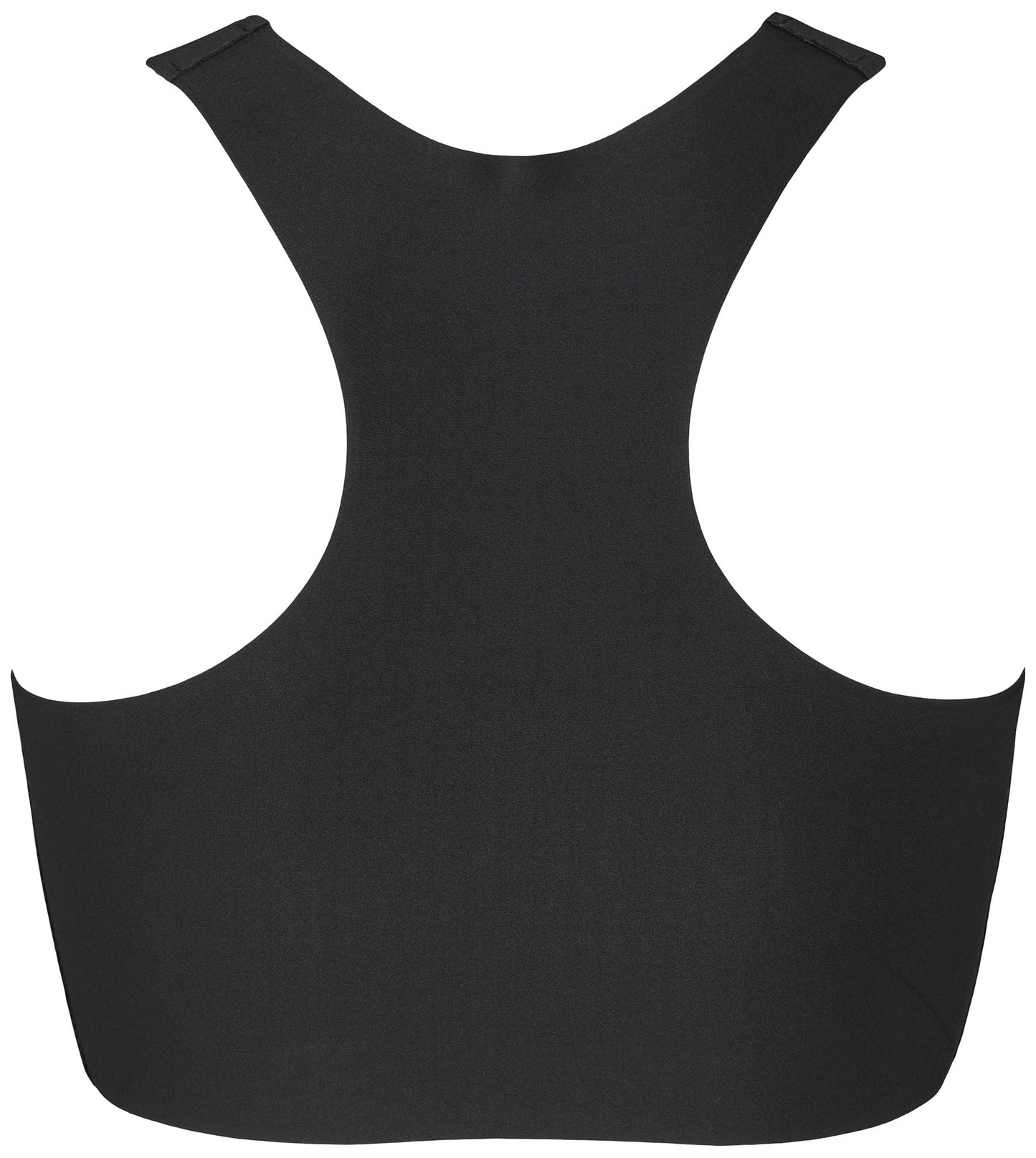 Bagfra-billede af Missya 149798 Seamless Bra Racerback Sort, en behagelig sort sports-BH, på en ensfarvet hvid baggrund.