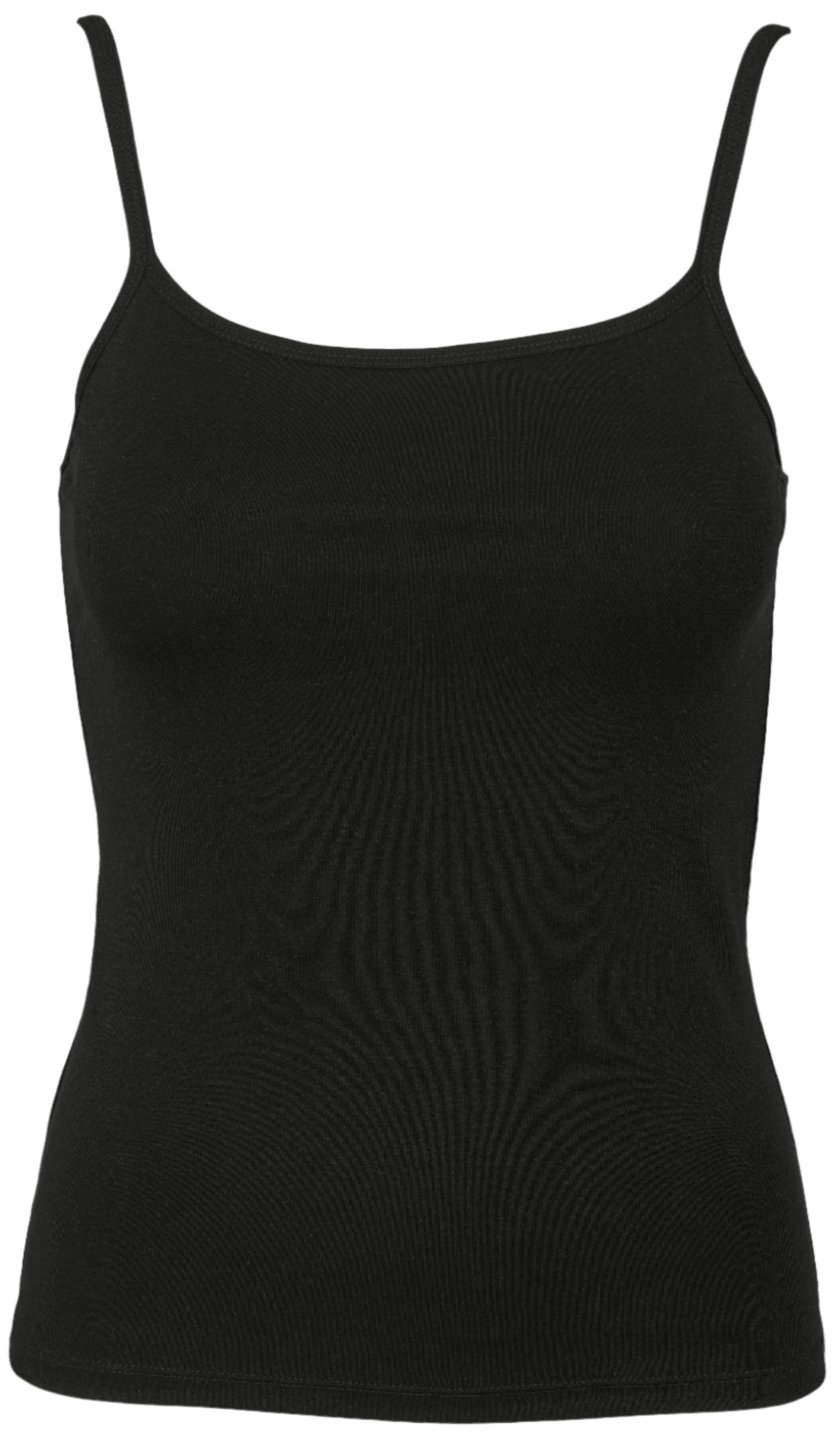 Missya Nova Sort tanktop med spaghettistropper, set forfra, på hvid baggrund.