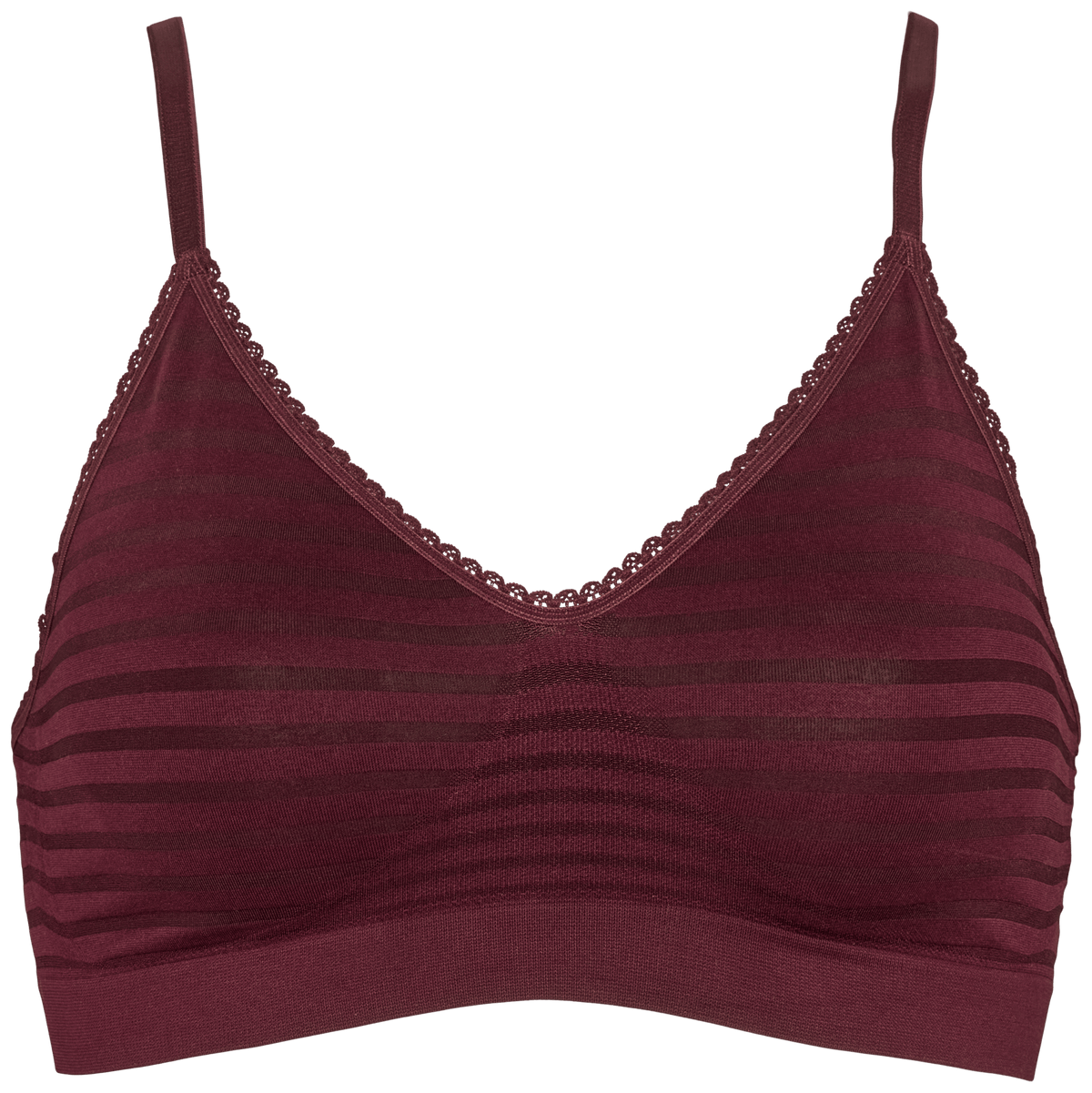 Missya Lucia Stripe Bordeaux-bh’en har tynde stropper, en V-udskæring, blonderkant og gennemsigtige vandrette striber.