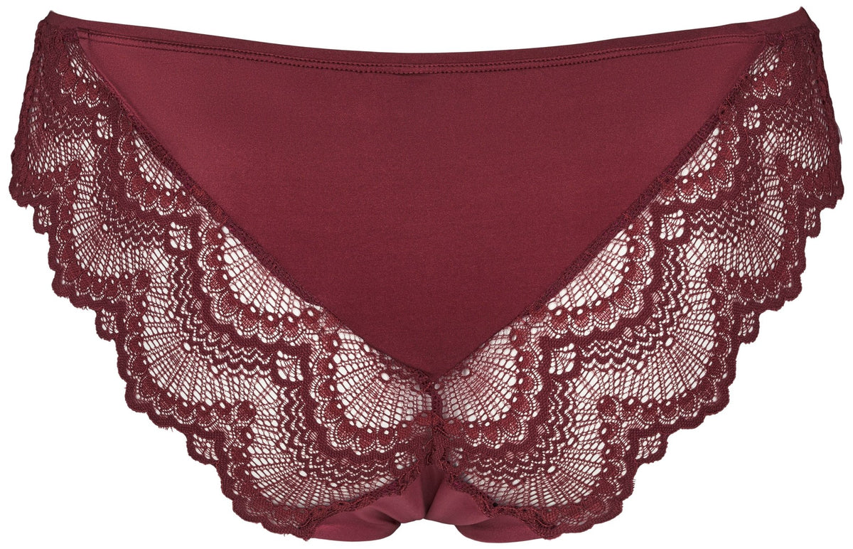 Missya Tanya Autumn Leaf Bordeaux-blonderundertøj med gennemsigtige detaljer foran og bølget kant.