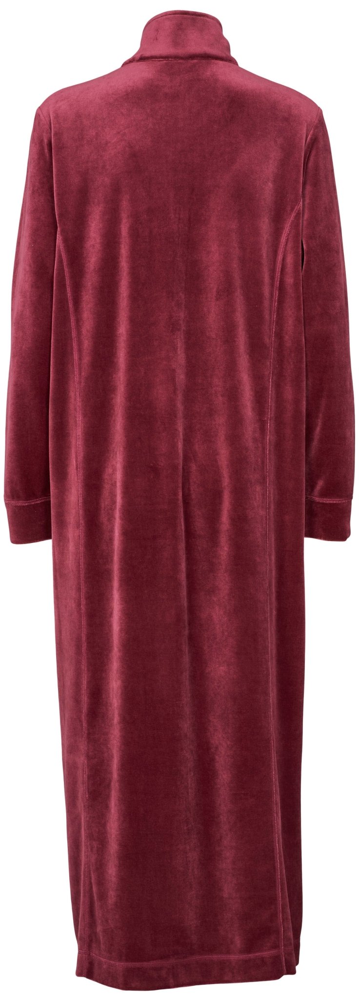 Missya Alice Bordeaux velourkåbe med lange ærmer, vist set bagfra for at fremhæve det enkle design, der passer perfekt til afslapning.