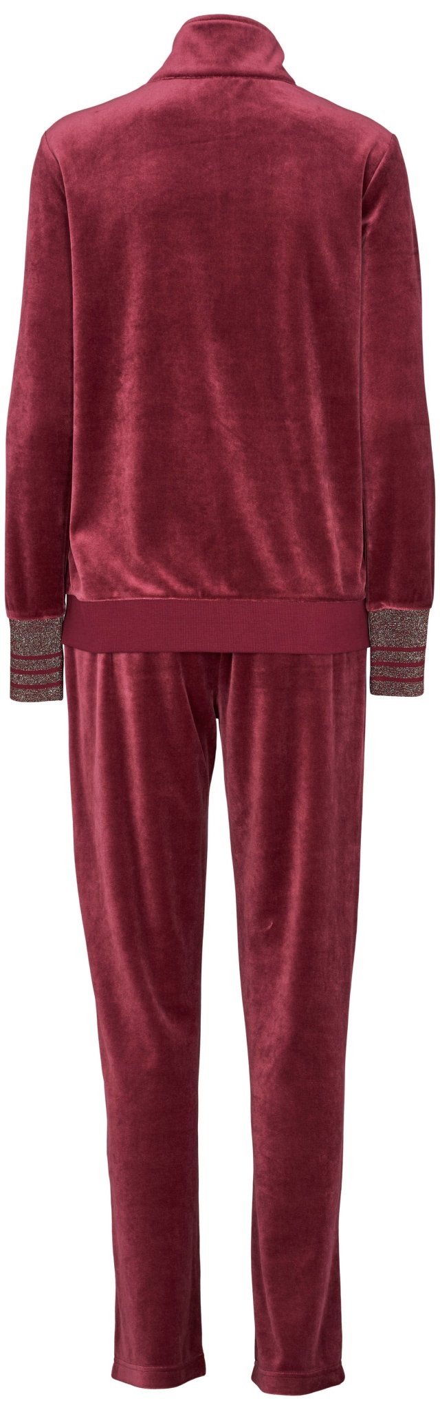Bagfra-billede af Missya Alice Bordeaux-velour-sæt med ribkant ved ærmer og talje på hvid baggrund.