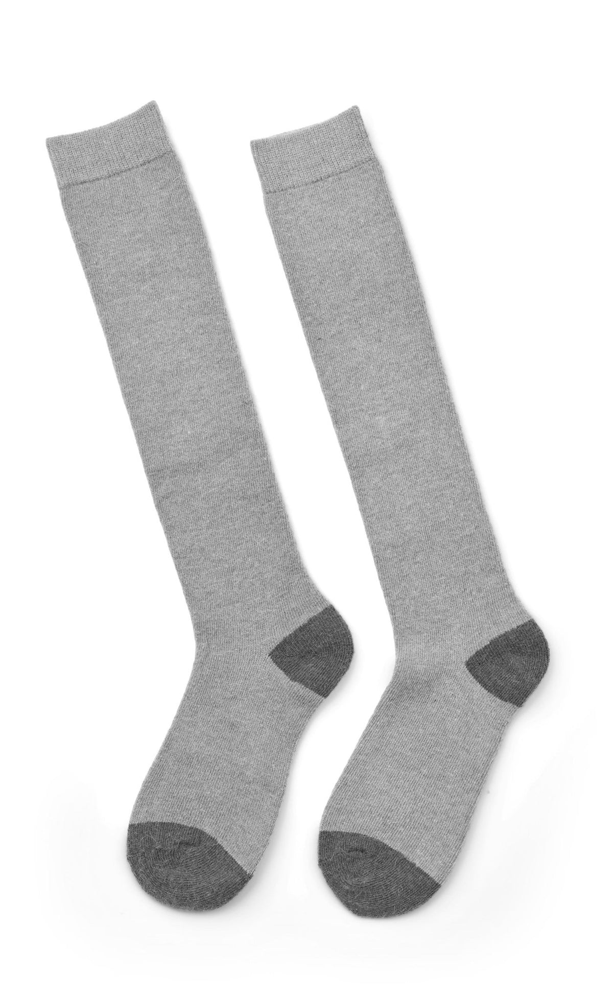 Missya 152893: Softly Socks Grå – grå knæstrømper med mørkegrå hæl og tå, afbilledet fladt på en hvid baggrund.