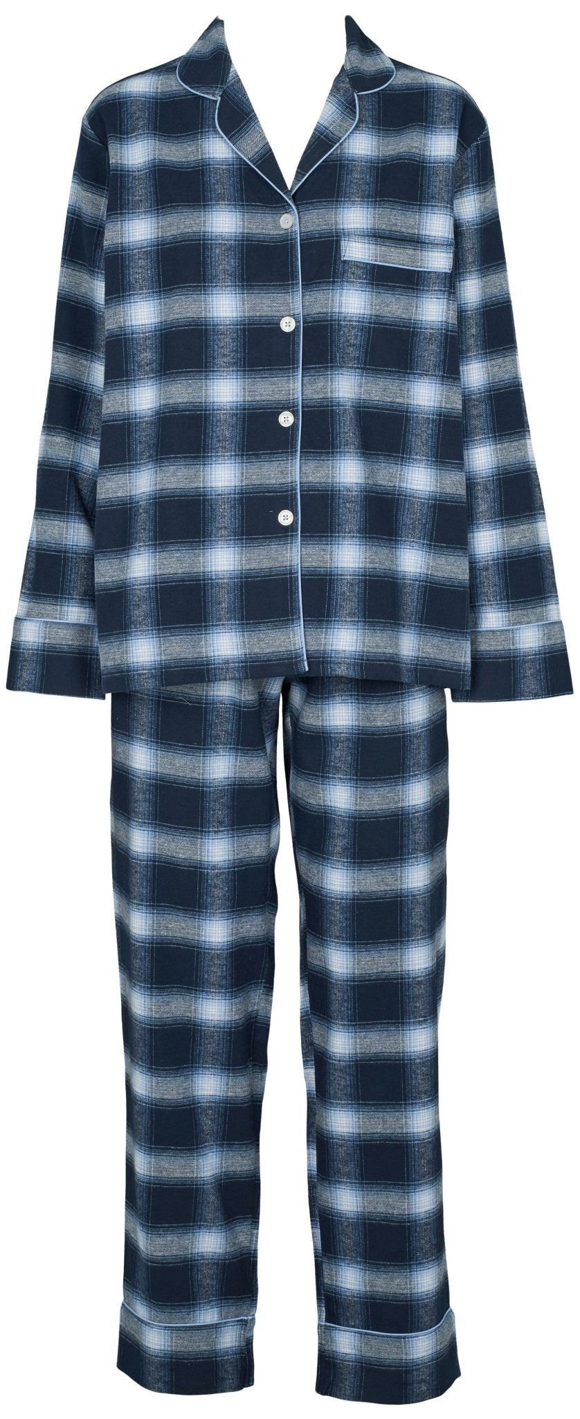 Missya Parker Blå: et todelt pyjamasæt i marineblå ternet mønster af blød bomuldsflannel med langærmet bluse med knapper.