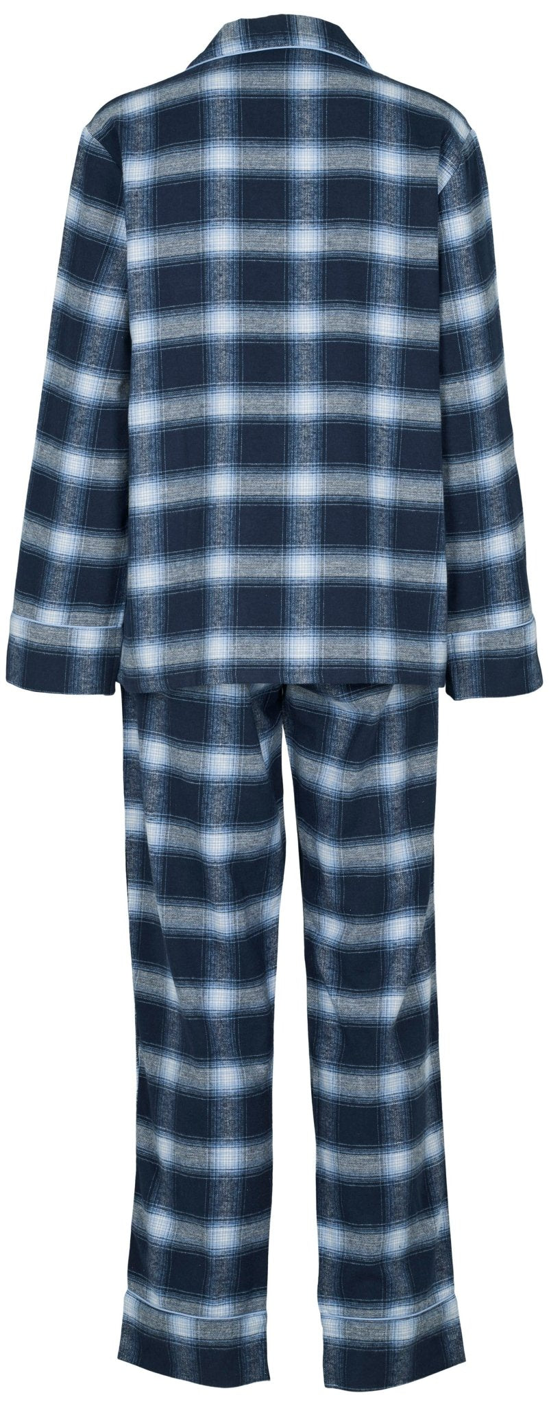 Missya Parker Blåt pyjamasæt i bomuldsflonel med tern, lange ærmer og bukser, set bagfra.
