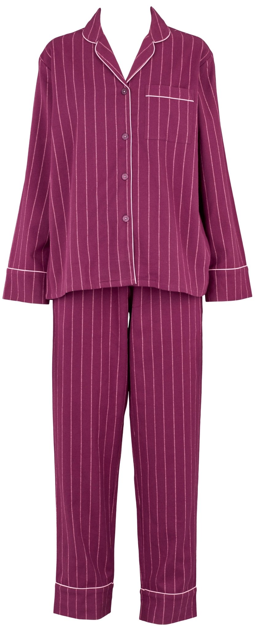Missya Parker Bordeaux: Lilla pyjamasæt i flannel med hvide striber, bestående af en bluse med knapper og lange bukser.