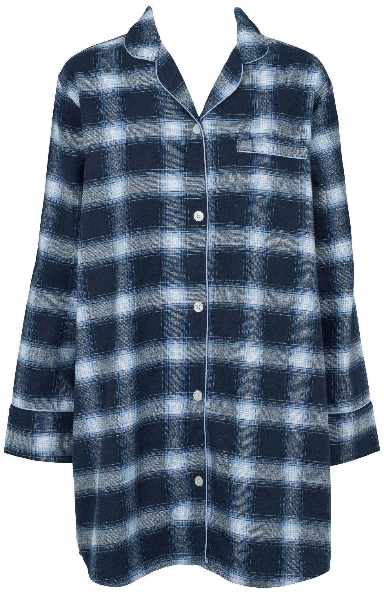 Missya Parker Blå langærmet pyjamasbluse i marineblå ternet flannel med brystlomme, blød bomuld.
