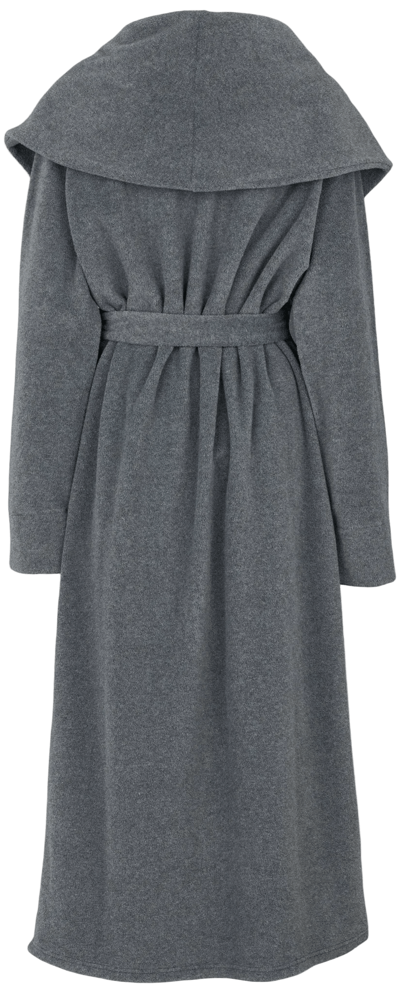 Bagfra set af en mørkegrå Missya – Fabia Mørkegrå loungewear-frakke med hætte, bælte i taljen og plisseringer.