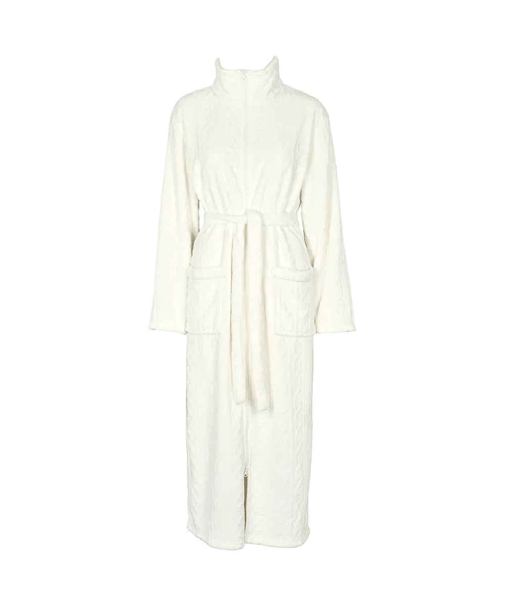 Off-white Missya-badekåbe i fuld længde – Farah Off-white badekåbe med lynlås foran, bindebånd i taljen og to påsatte lommer.