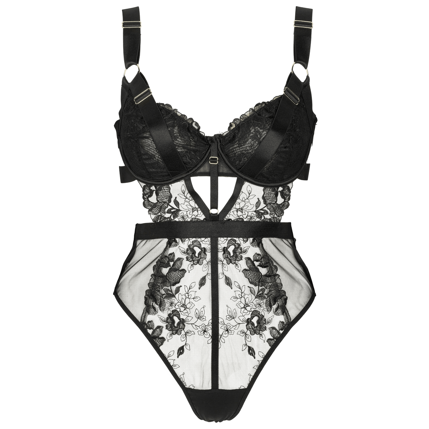 Missya Naomi Sort: Sort balconette-bodysuit i blonder med blomsterbroderi, bøjle-bh-skåle og justerbare stropper.