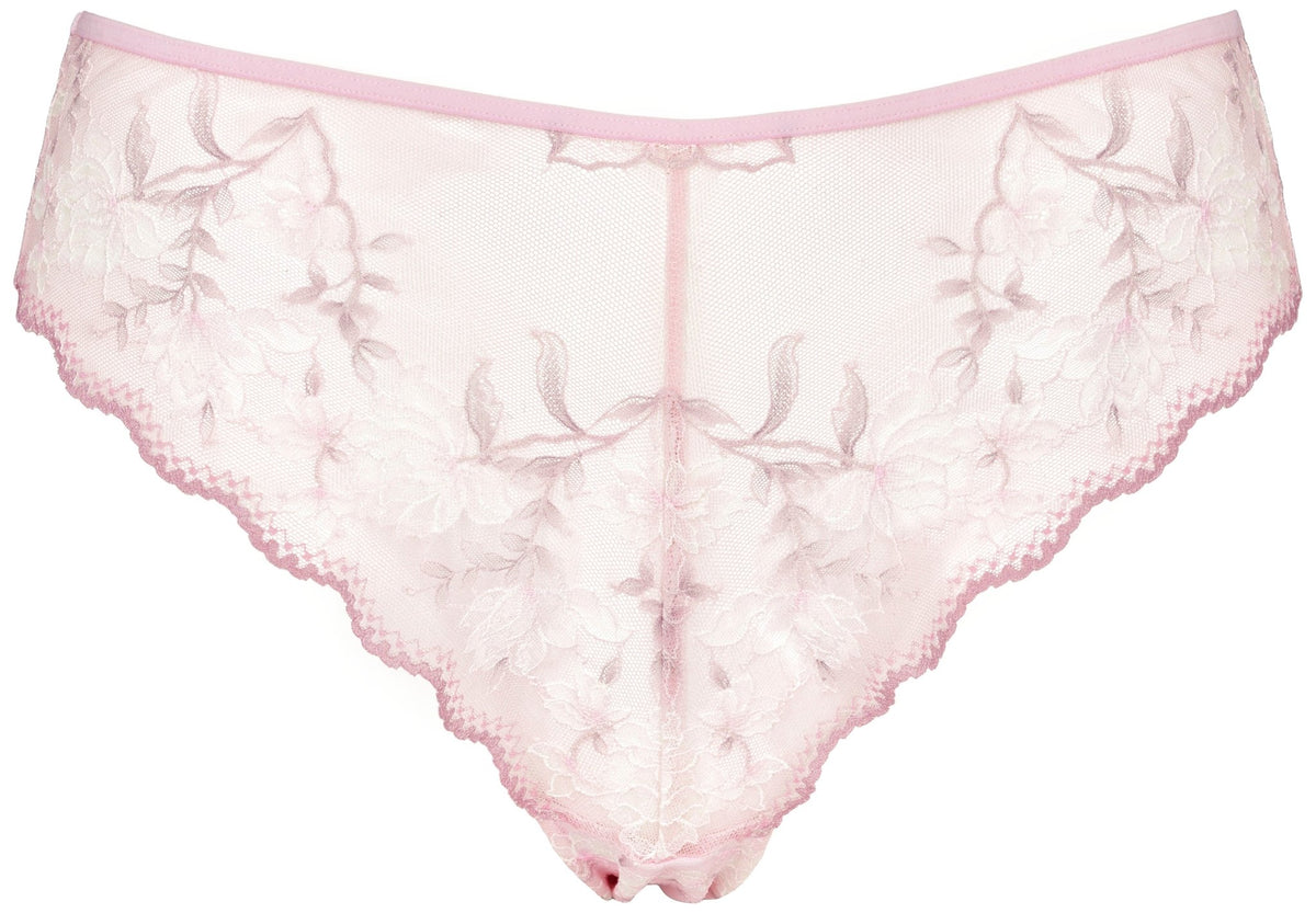 Missya Milla Light Rose trusser med lyserød blonder, blomsterbroderi, blonde-detaljer og bølget kant.