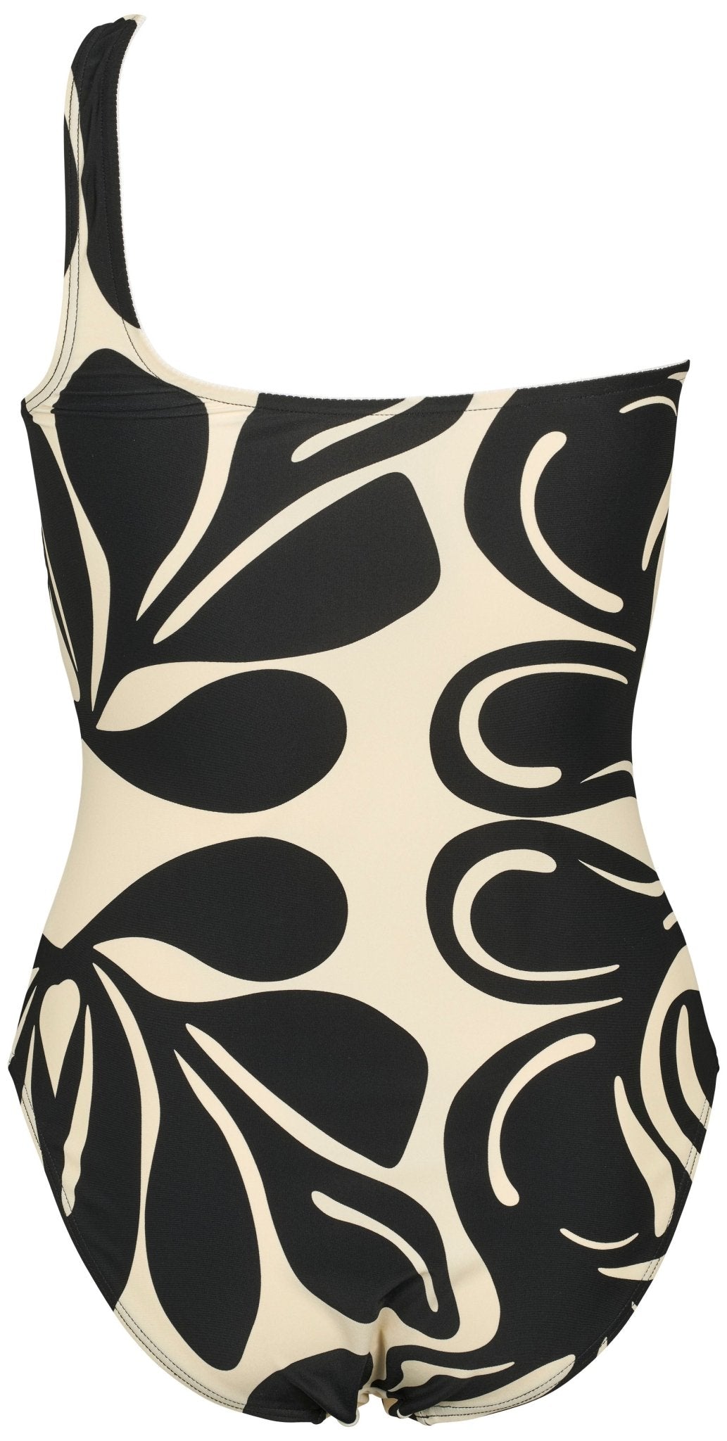 Missya Capri-badedragt med sort mønster og sort og beige abstrakt print på hvid baggrund.