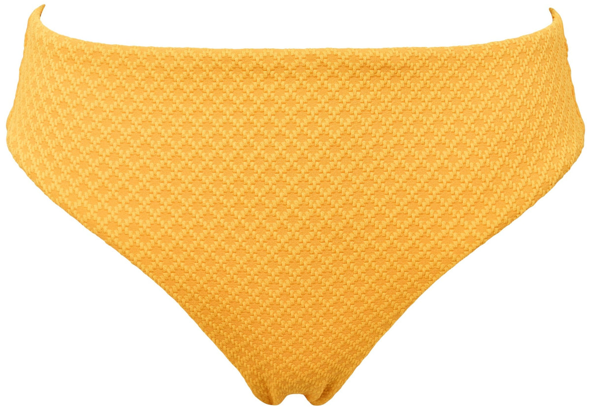 Gule Missya Lucca Karry-bikinitrusser med høj talje og struktur fra Missya – klassisk badetøj på hvid baggrund.