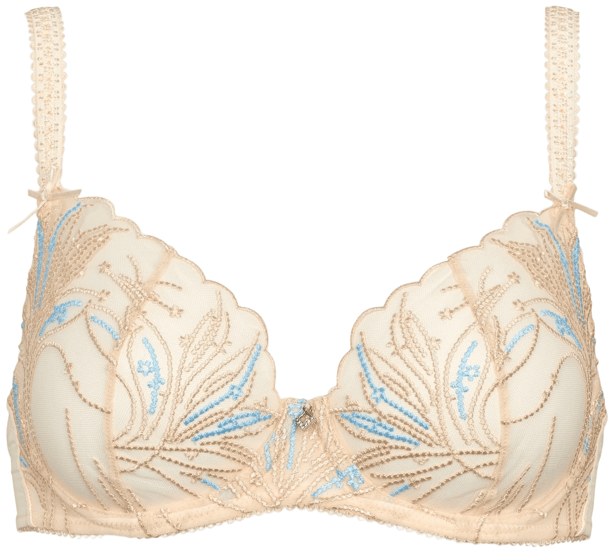 Missya 154135 – Emily Butter Yellow Pudder-bh med bøjle, bølget kant og blomsterbroderi i blå og beige.