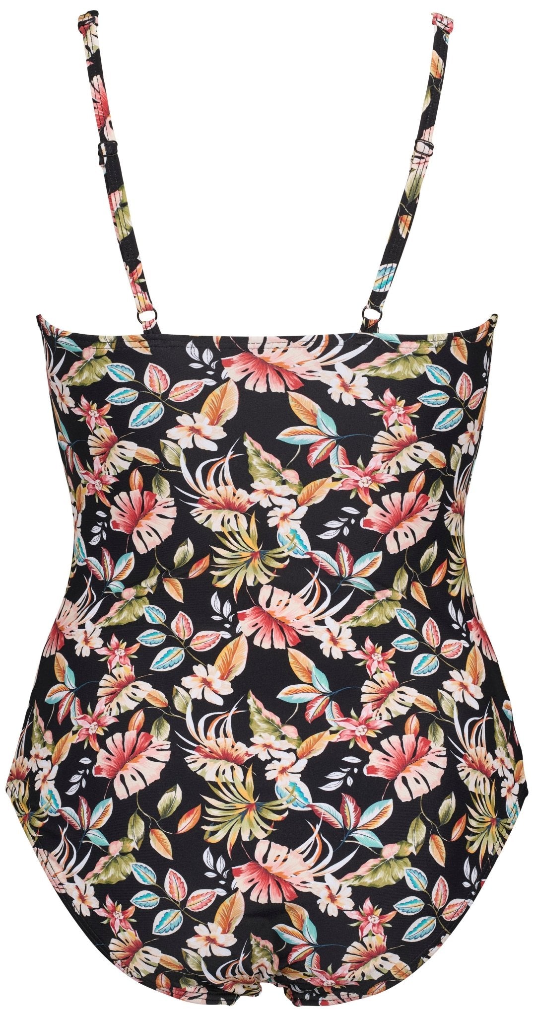 Missya 154275 Milano – sort mønstret badedragt, justerbare stropper, tropisk print, set bagfra.