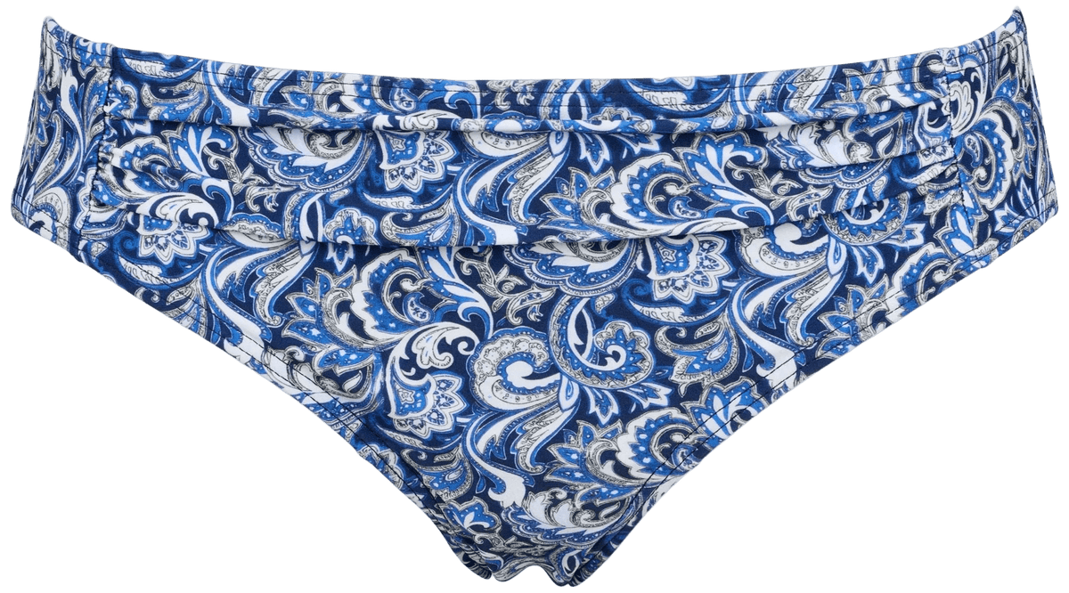 Missya Amber-bikinibund i gråblåt paisley-mønster, vist på hvid baggrund for et friskt sommerlook.
