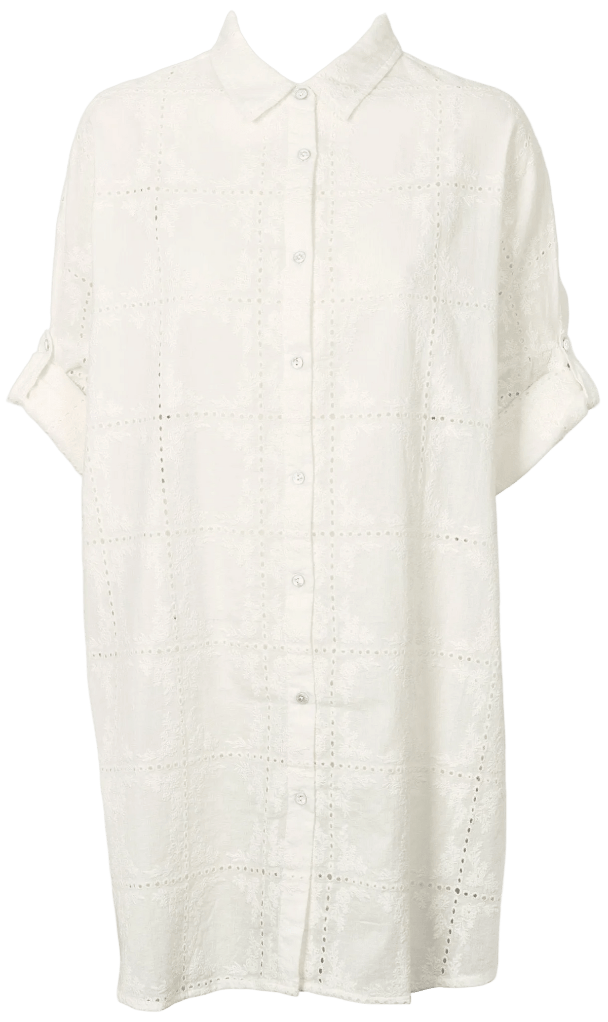 Off-white Missya Sienna-strandbluse med korte ærmer og broderi med firkantede hulmønstre.