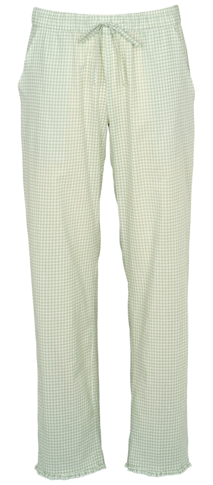 Missya Josie Ternet lysegrønne og hvide pyjamasbukser med snøre i taljen og flossede kanter, vist på hvid baggrund.