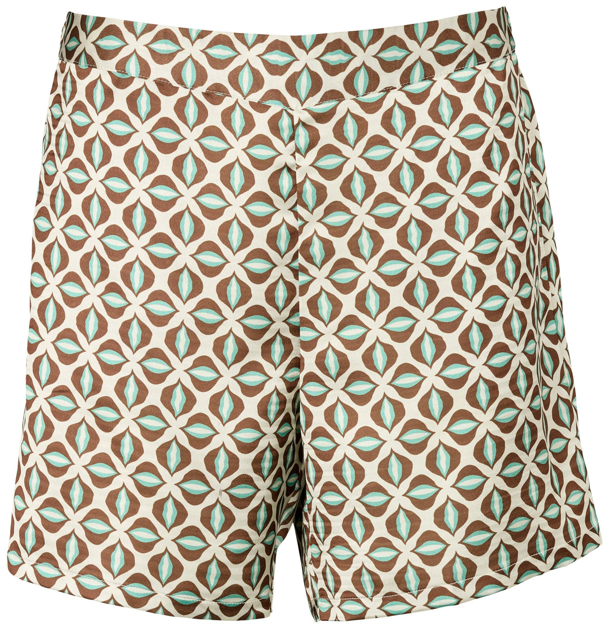 Missya Frida Brun-mønstrede shorts med mønster i aqua og hvidt, vist på hvid baggrund.