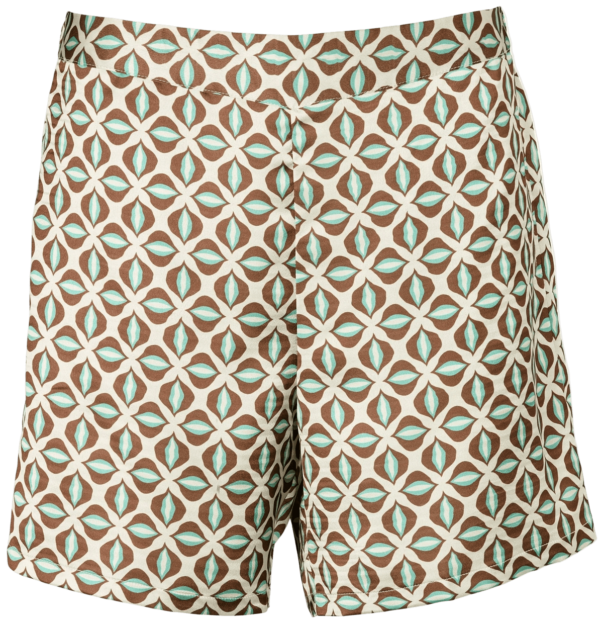 Missya Frida Brun-mønstrede shorts, der går til midt på låret, med et geometrisk bladmønster i brunt og lyseblåt på en cremefarvet baggrund.